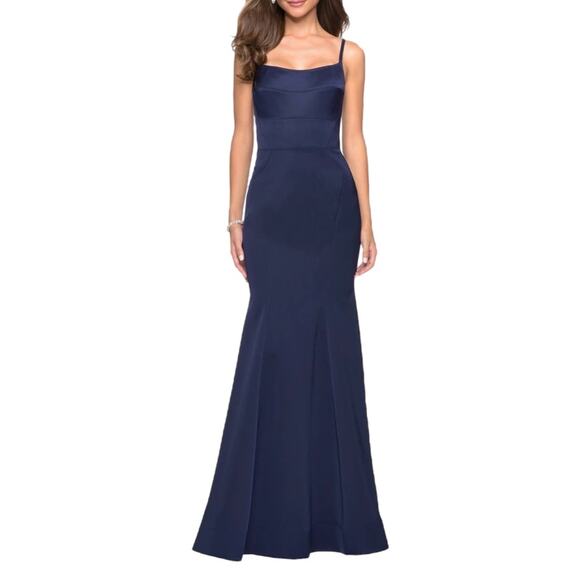 NWT La Femme Structured Jersey Trumpet Sleeveless Navy Gown 4 - Picture 1 of 8